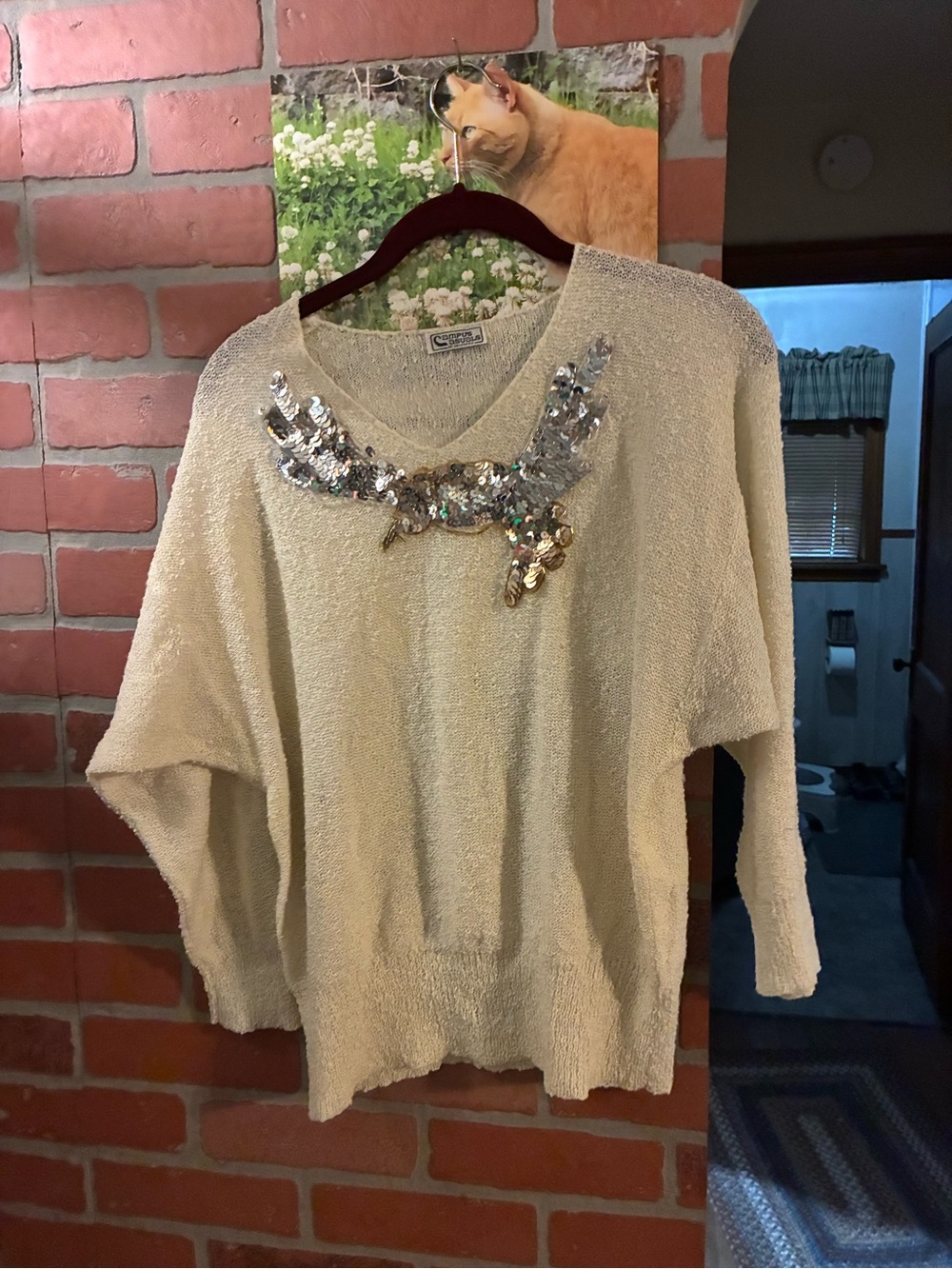 Sequin-Embellished Cream V-Neck Sweater